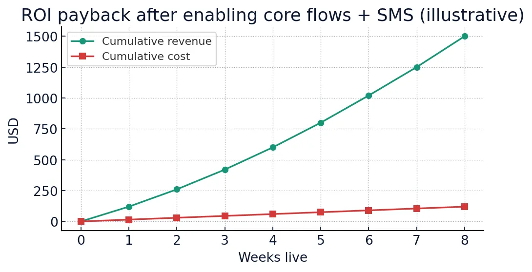 Omnisend pricing calculator 2025 — ROI payback chart showing cumulative revenue vs cost