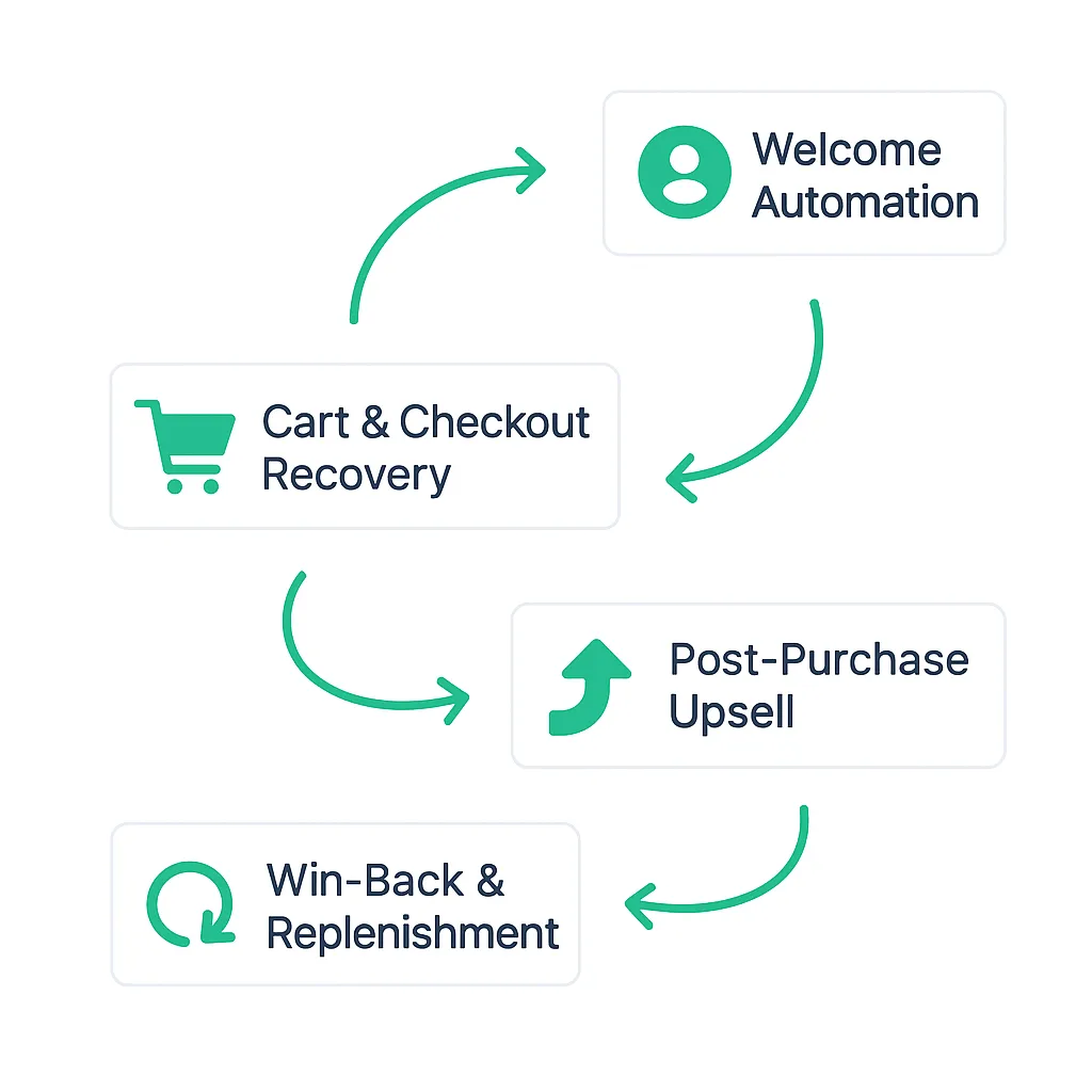 Illustration of ecommerce automation flows including welcome, cart recovery, upsell and win-back sequences