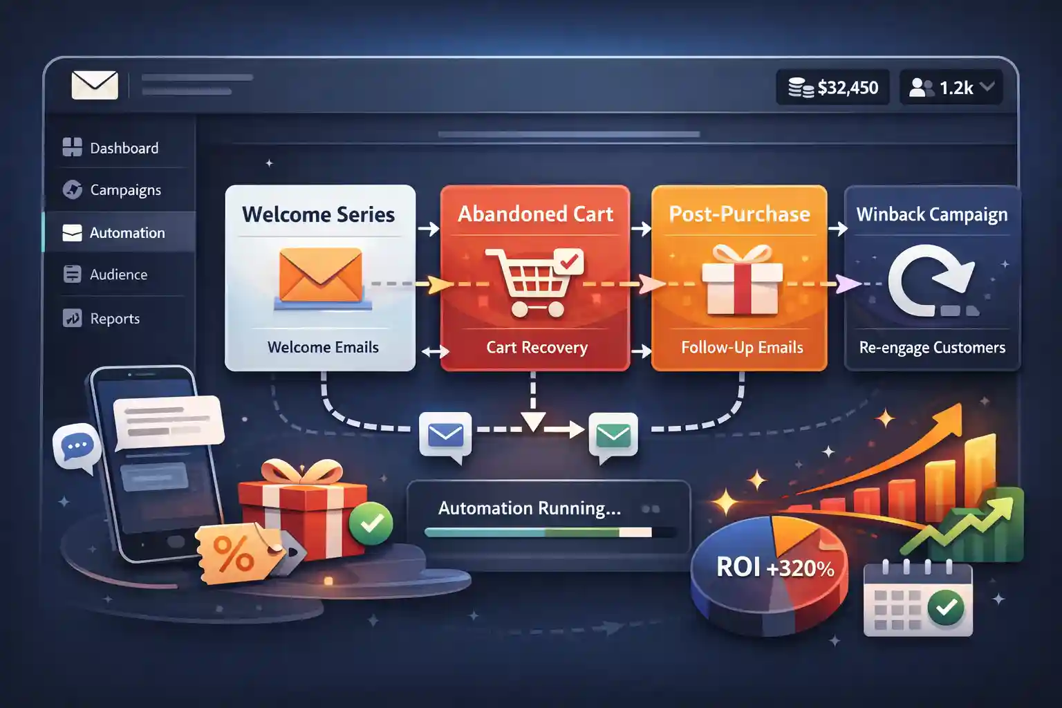 Dashboard-style illustration showing ecommerce email automation flows across welcome, cart, post-purchase and winback.