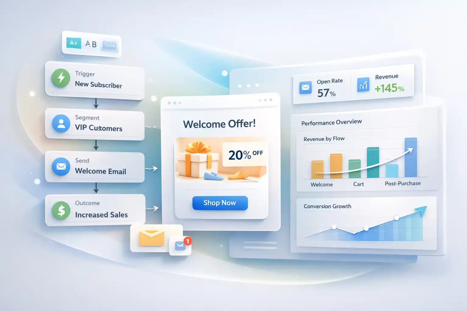 Premium SaaS hero illustration of email automation with floating UI cards, workflow nodes, and a clean analytics dashboard in white pastel gradients
