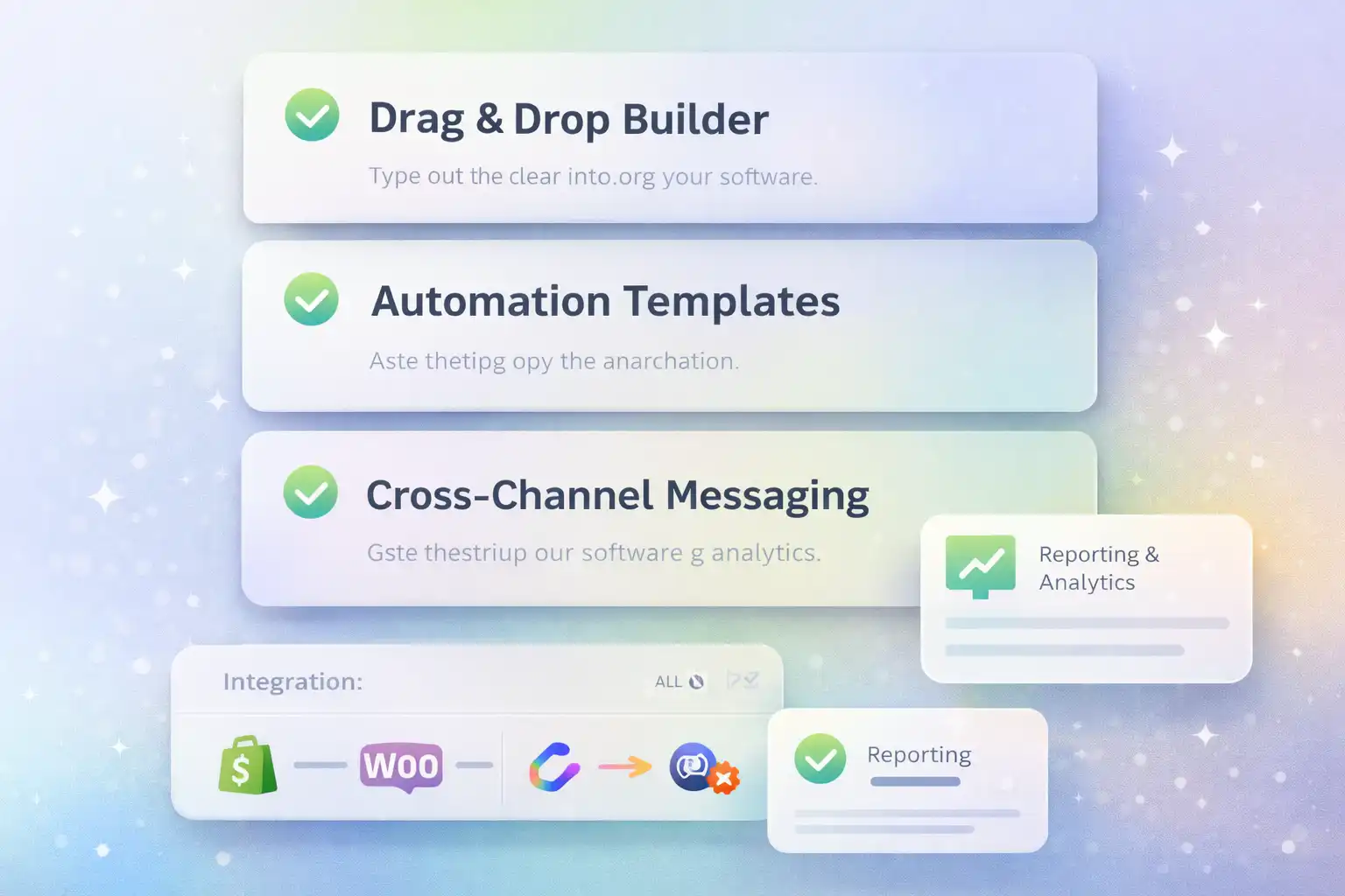 Premium SaaS checklist illustration for choosing email automation software with feature cards, integrations icons, and clean pastel UI layout