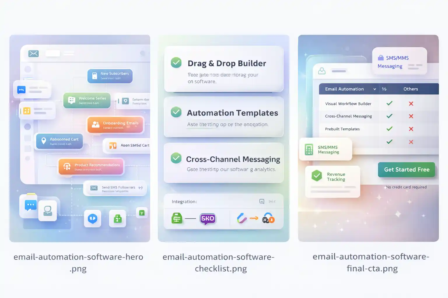 Premium SaaS hero image showing an email automation software interface with workflow builder, floating UI cards, and clean analytics dashboard in white pastel gradients