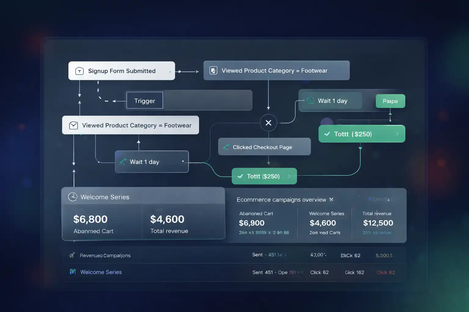 Minimalist dashboard-style visual explaining email automation tools and how triggers turn behavior into automated flows