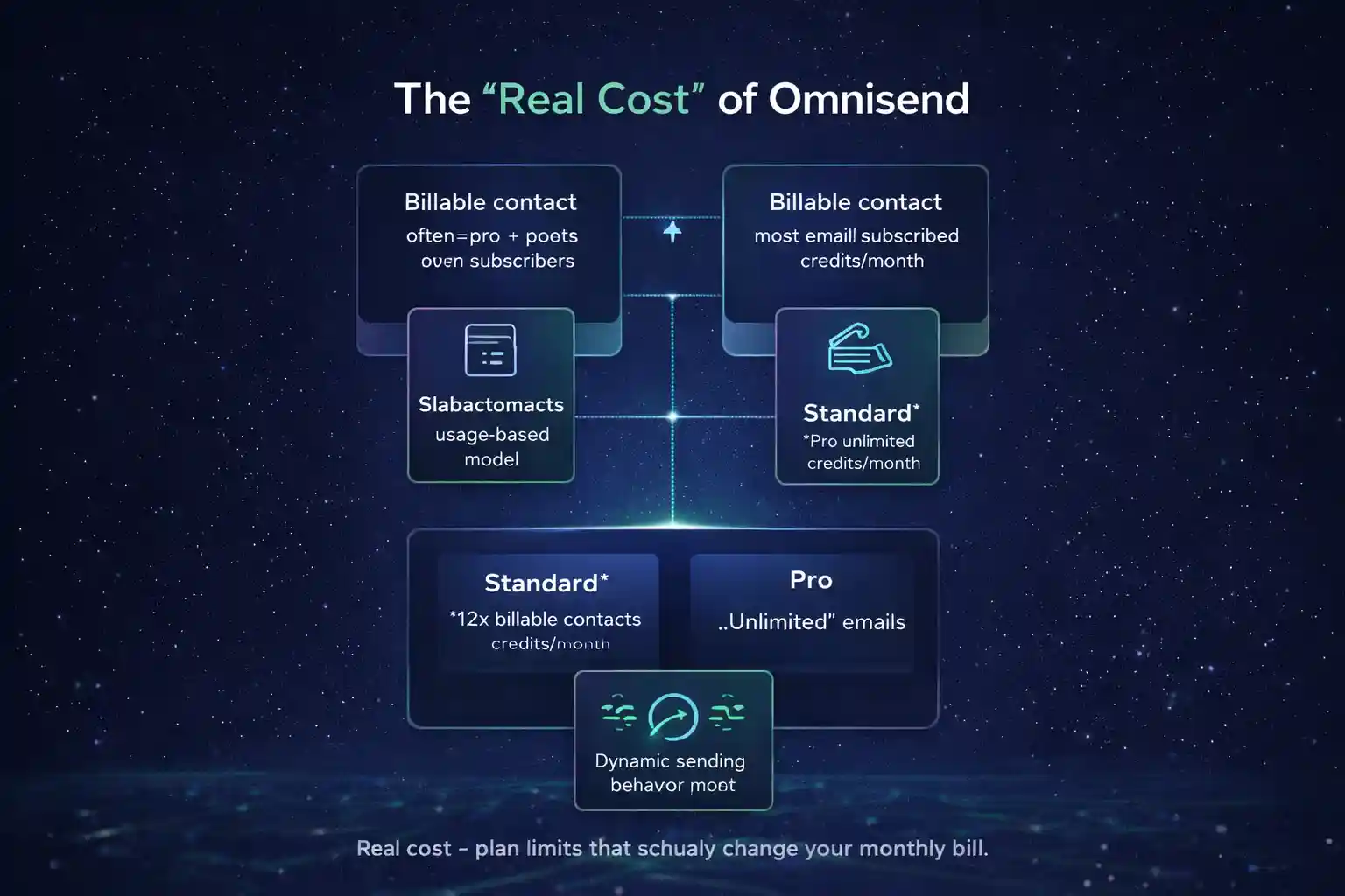 Diagram showing how billable contacts and email credits determine Omnisend pricing, including Standard credits and Pro unlimited emails