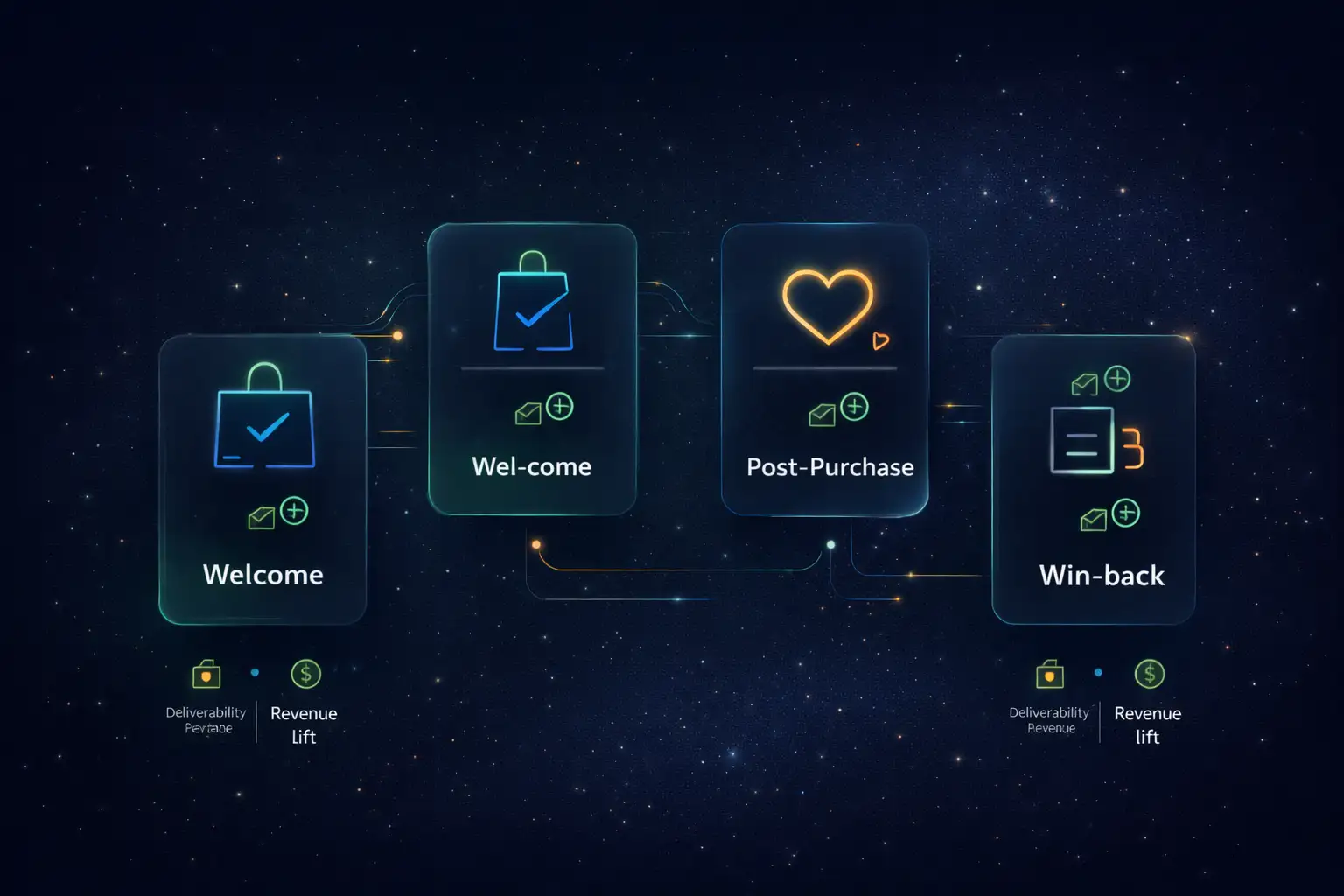 Flow performance illustration showing welcome, cart abandon, post-purchase, and win-back with deliverability and revenue impact indicators.