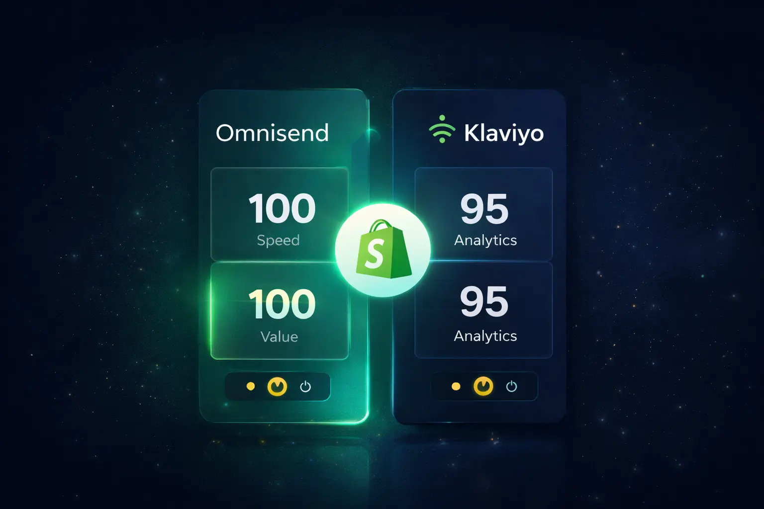 Premium dashboard-style comparison visual showing Omnisend and Klaviyo with Shopify icons and a clear winner highlight.