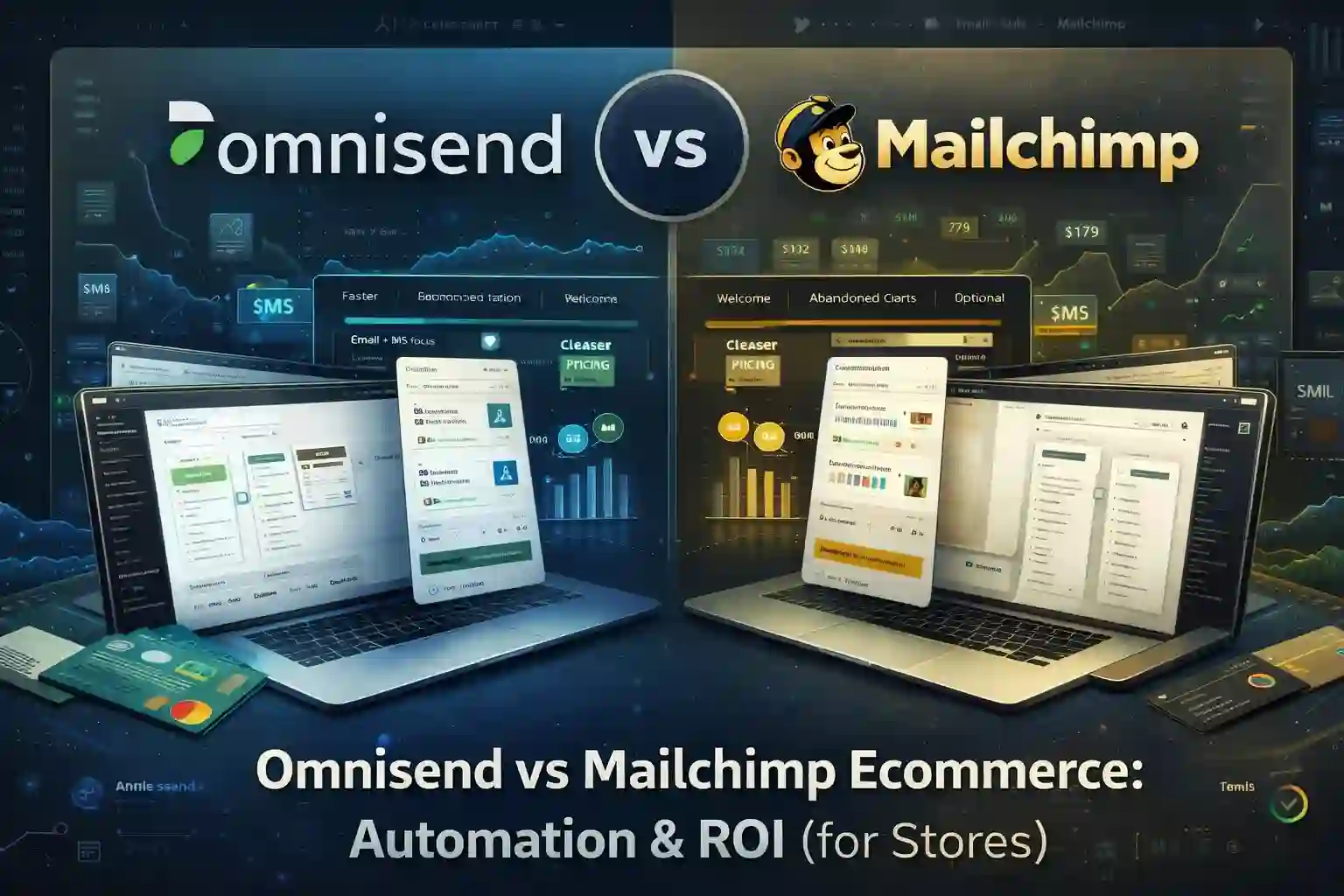 Premium ecommerce dashboard-style hero visual for omnisend vs mailchimp ecommerce automation and ROI comparison