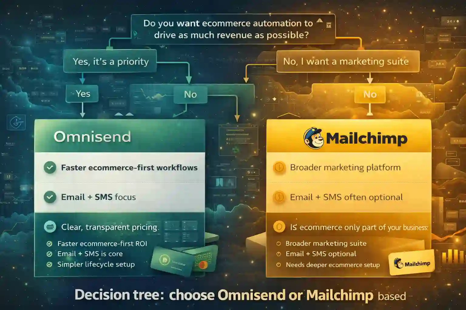 Decision tree diagram for choosing between omnisend vs mailchimp ecommerce based on automation ROI and platform needs