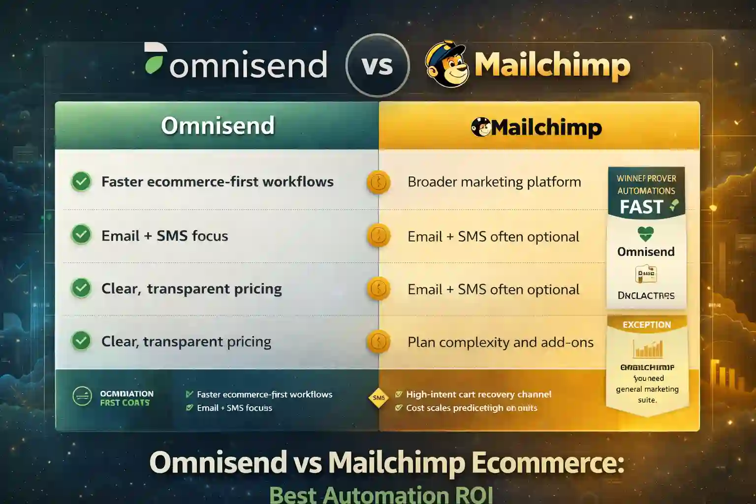Scan-friendly cheat sheet for omnisend vs mailchimp ecommerce with automation, segmentation, SMS and ROI highlights