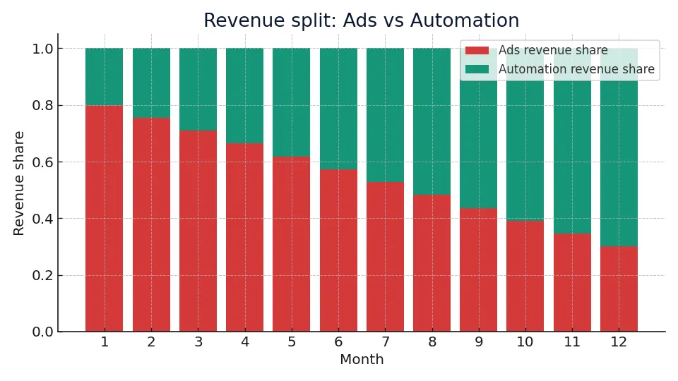 reduce facebook ads dependence revenue split between ads and automation over 12 months