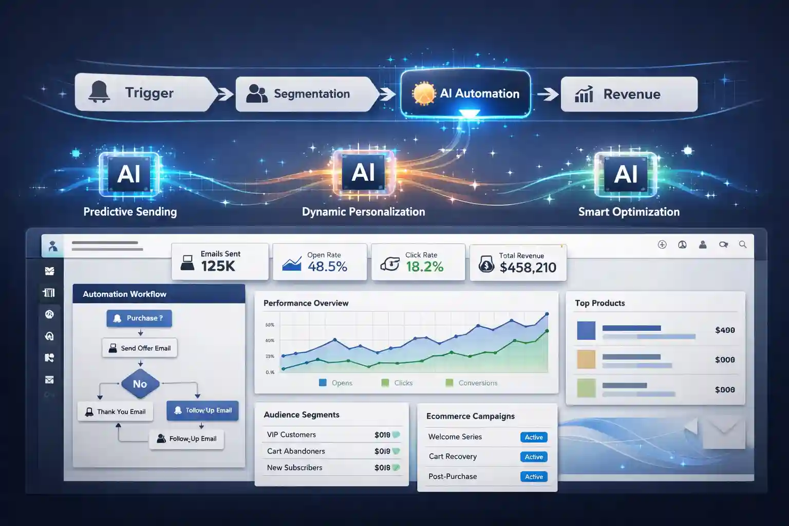 Premium dashboard-style visual showing AI email automation layered on triggers, segmentation, and ecommerce flows