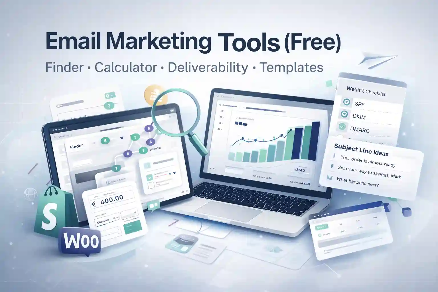 Email marketing tools dashboard for ecommerce: calculators, checklists and charts
