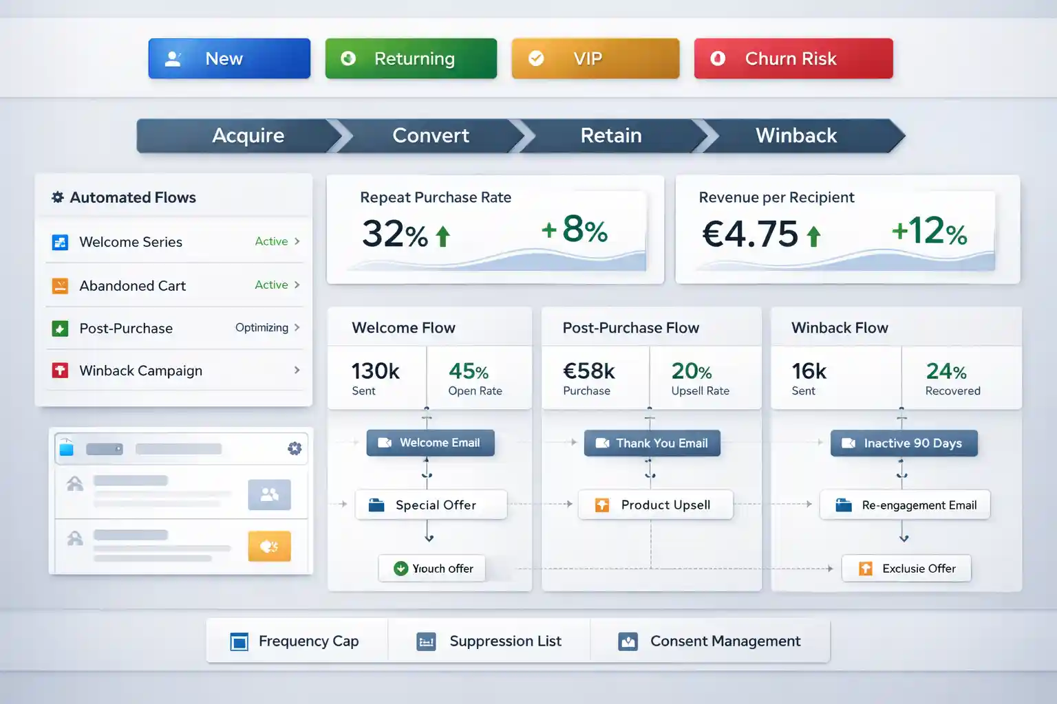 Premium CRM-style dashboard visual showing ecommerce lifecycle segments, automated flows, and revenue metrics