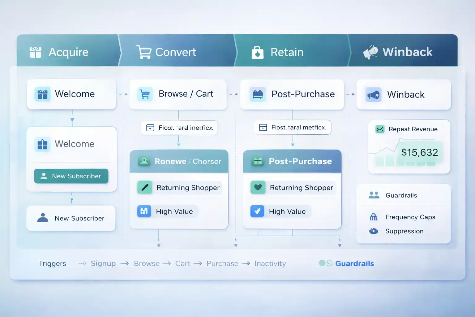 Premium dashboard-style visual showing customer journey automation across ecommerce lifecycle stages with flows and revenue metrics