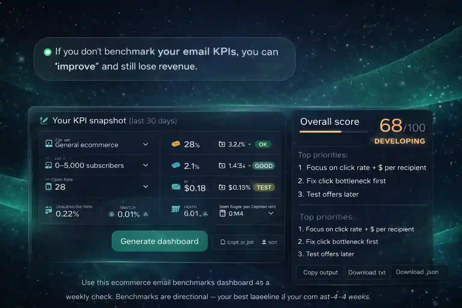 Ecommerce email benchmarks dashboard hero graphic showing a KPI snapshot table and a subtle FOMO note.