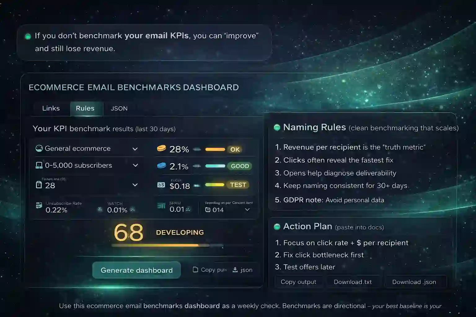 Ecommerce email benchmarks dashboard result graphic showing KPI statuses, score, and a prioritized action list.