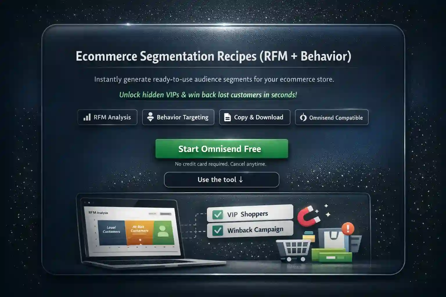 Ecommerce segmentation recipes tool hero preview with RFM and behavior audience cards.