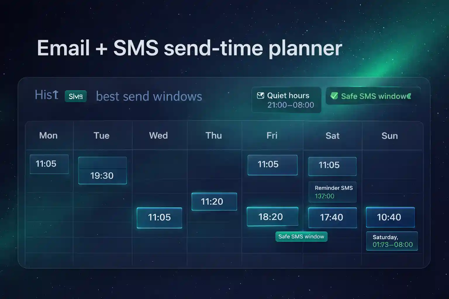 Email + SMS send-time planner hero visual showing weekly schedule blocks and best send windows.