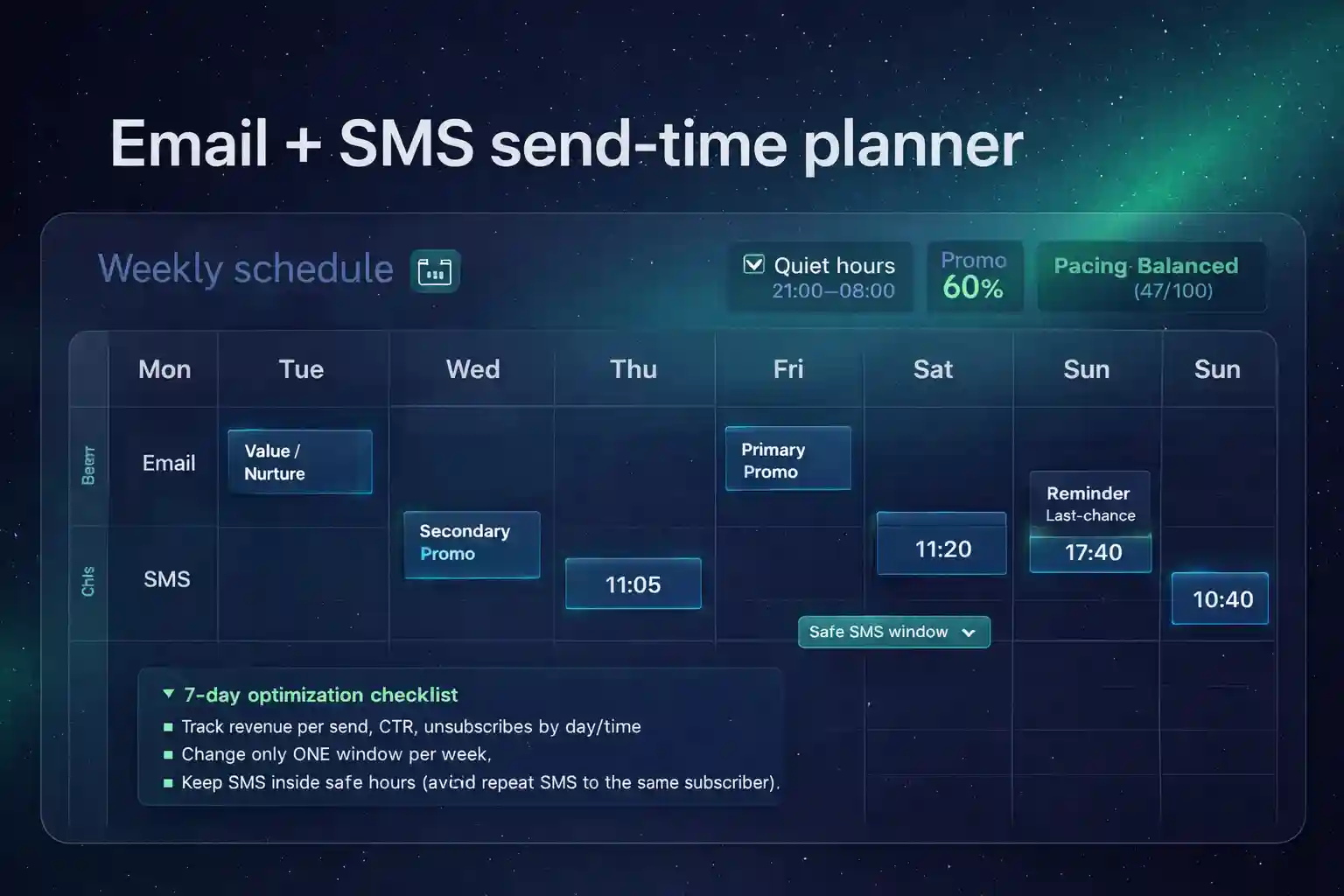 Email + SMS send-time planner result visual with day-by-day schedule blocks and SMS safe send windows.