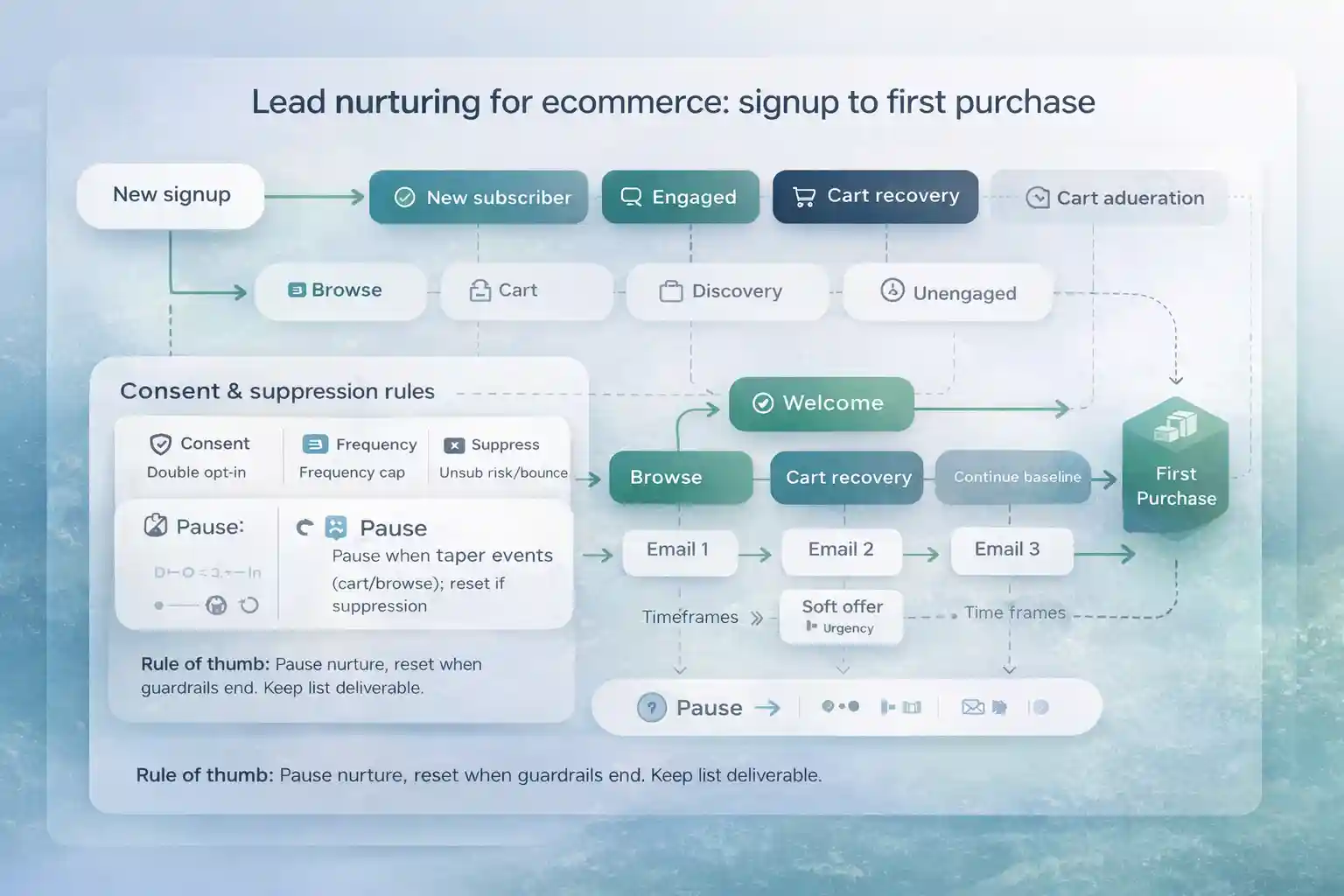 Lifecycle map diagram showing ecommerce lead nurturing automation from signup to first purchase with behavior branches for browse, cart, and inactivity plus consent and suppression rules