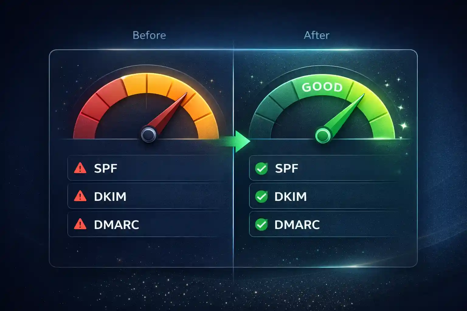 Deliverability meter improving after SPF, DKIM, and DMARC are configured correctly