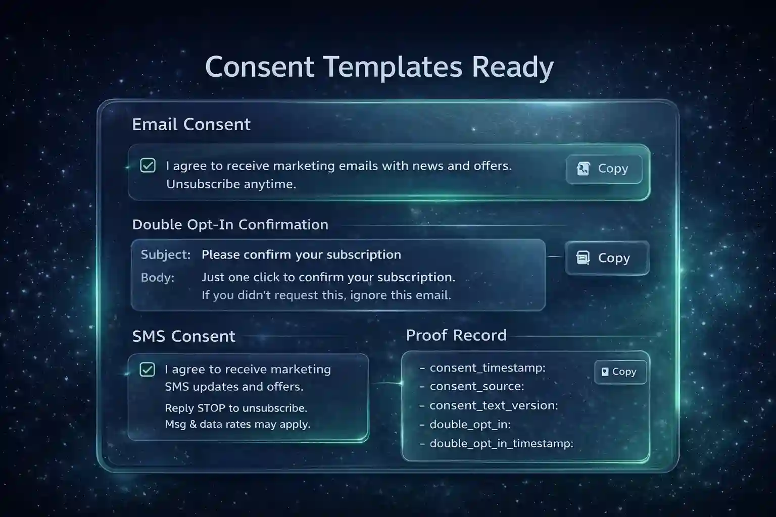 Consent checklist card showing email double opt-in and SMS opt-in templates ready to copy
