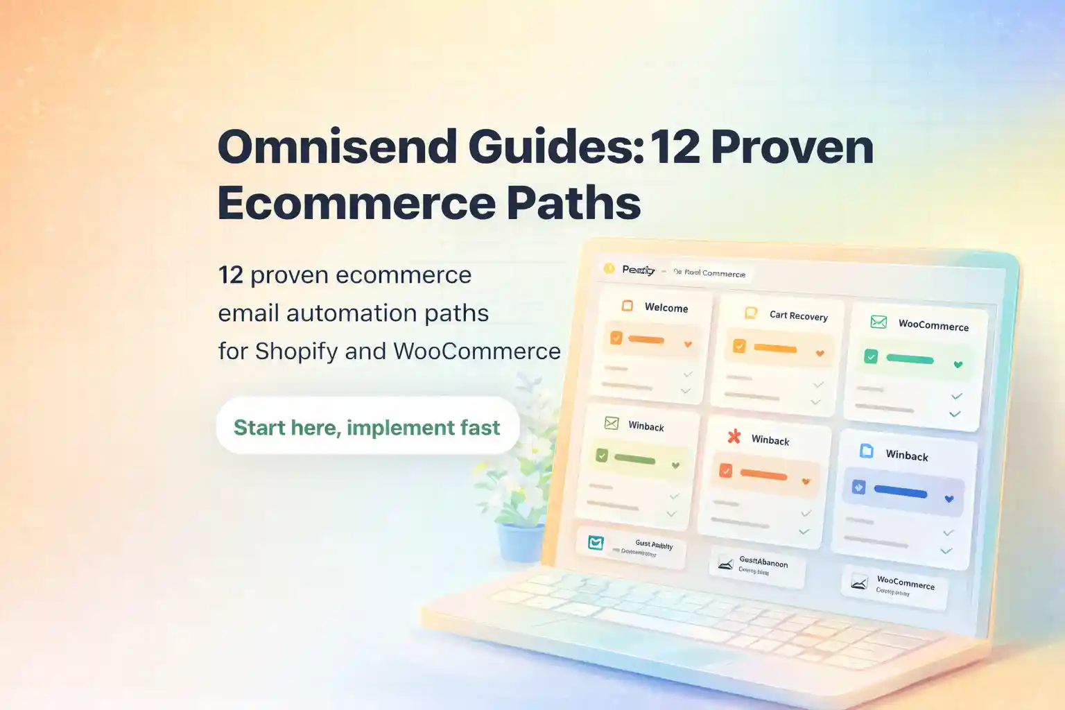 Omnisend guides hub showing 12 ecommerce email automation paths for Shopify and WooCommerce