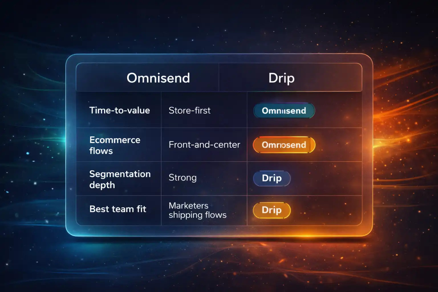 Decision chart comparing Omnisend vs Drip across ecommerce flows, segmentation depth, and time-to-value