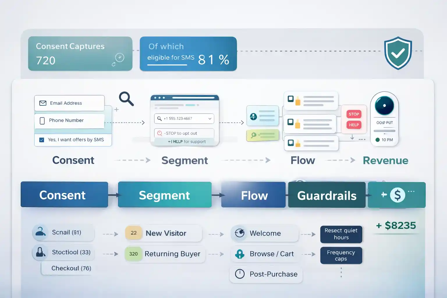 SMS marketing automation dashboard showing consent capture, segmentation, and automated ecommerce flows with compliance guardrails.