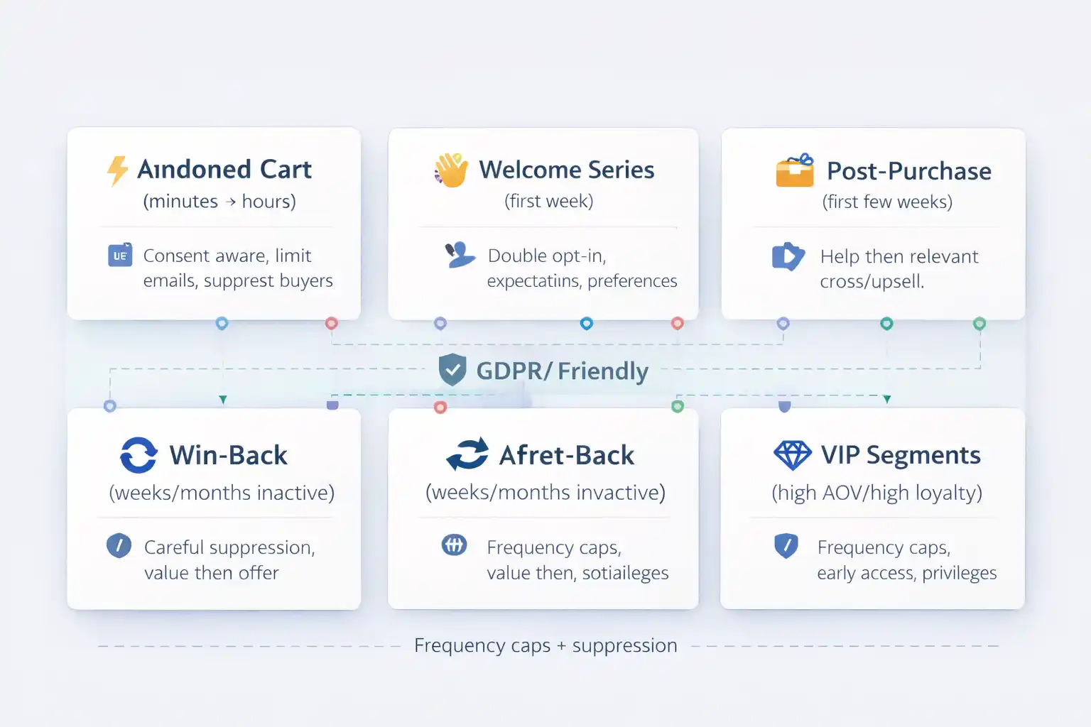 Workflow map of core Omnisend flows for WooCommerce: abandoned cart, welcome series, post-purchase, win-back, and VIP with EU-friendly notes