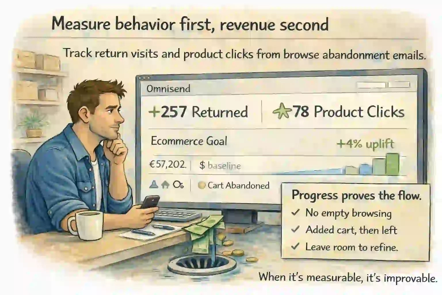 Dashboard tracking return visits and product clicks from browse abandonment emails