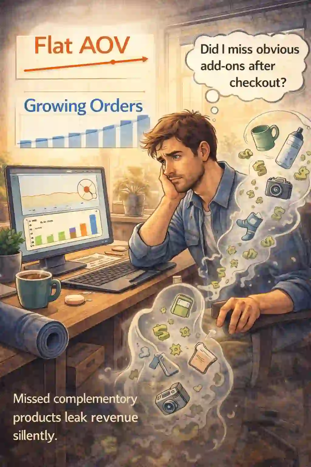 Store owner sees AOV flat and missed add-on items after checkout