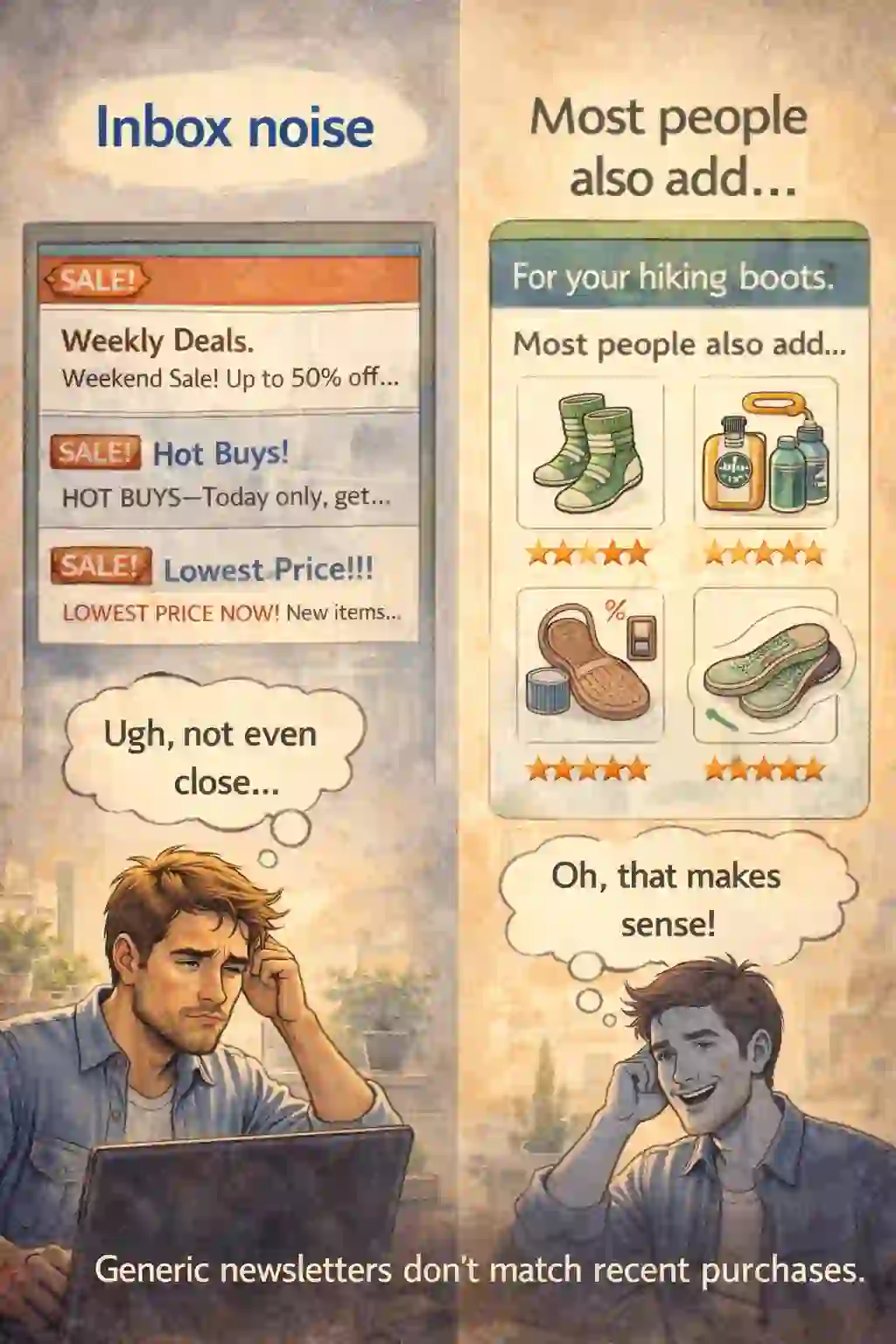 Generic promo email compared to relevant add-on recommendation in a cross-sell flow