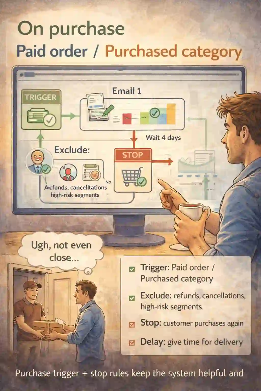 Cross-sell flow trigger based on purchased category with stop on purchase rule