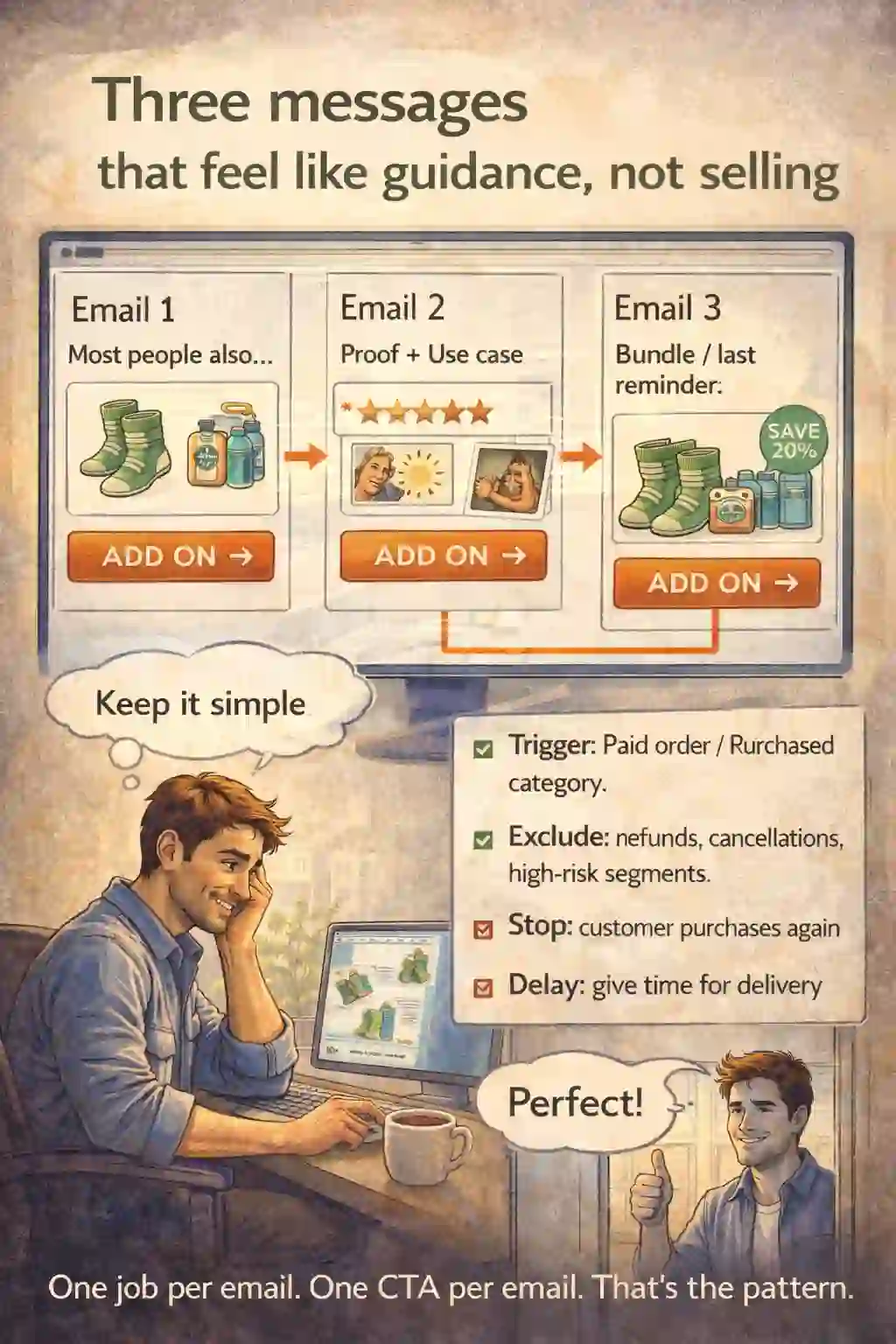 Three-step cross-sell flow map: best add-ons, proof, bundle reminder