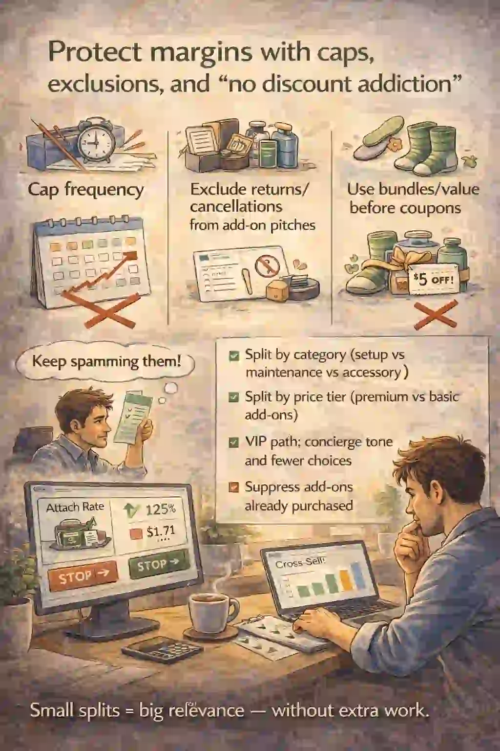 Cross-sell flow guardrails: frequency caps, exclusions, stop on add-on purchase
