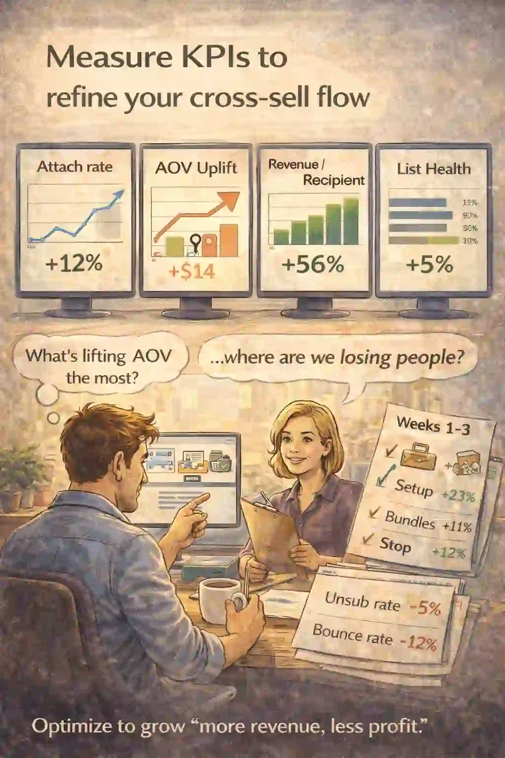 Cross-sell flow KPI view showing attach rate, AOV uplift, and revenue per recipient