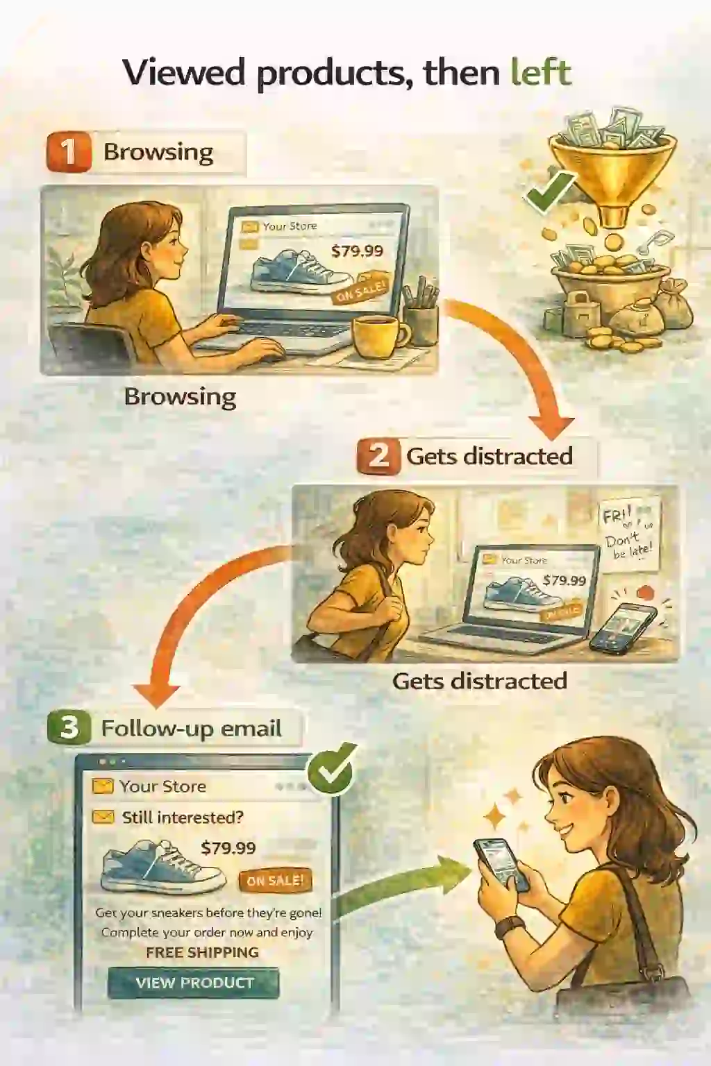 Browse abandonment: shopper leaves after viewing, reminder brings them back