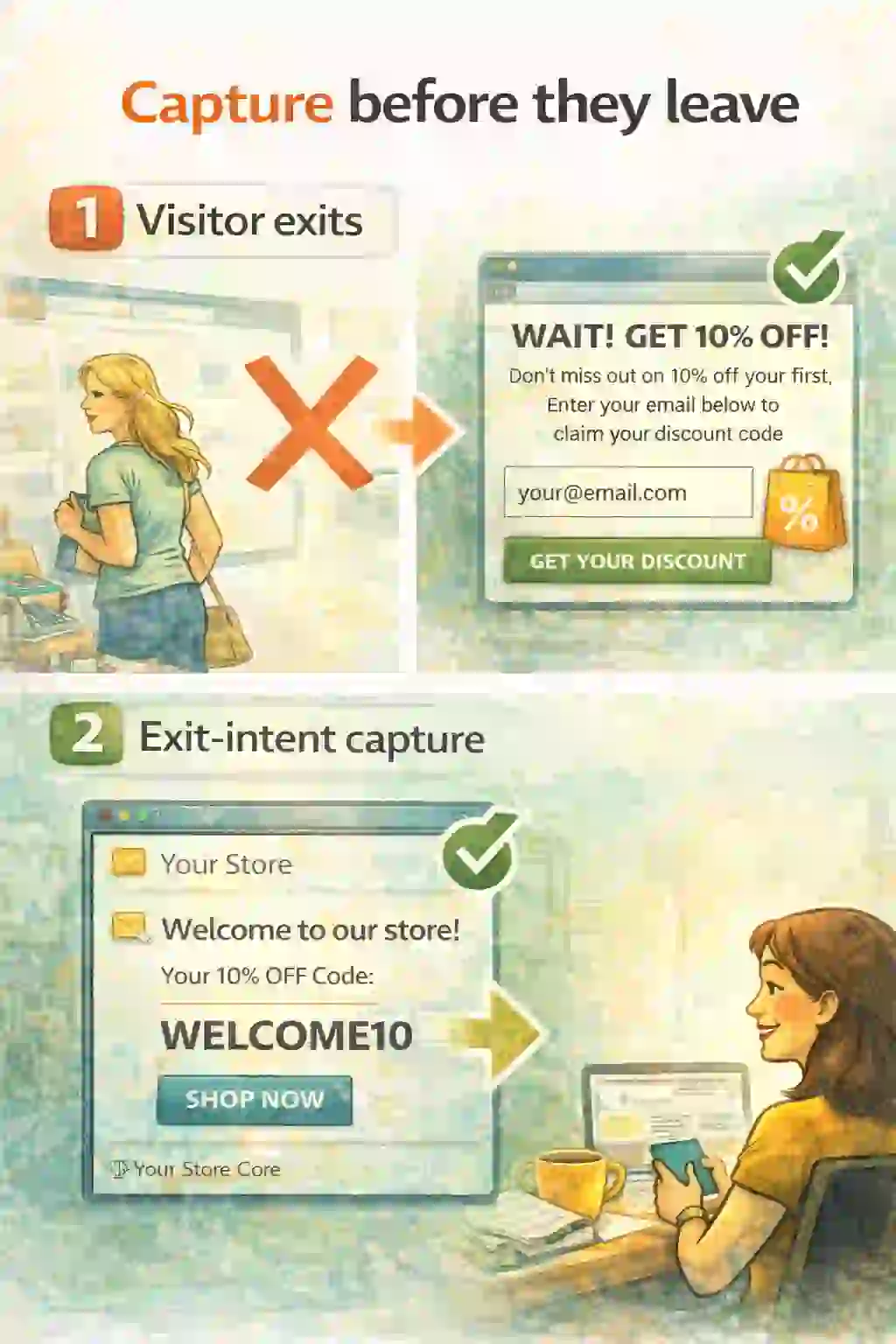 Welcome flow: visitor exits, popup captures email, welcome email begins