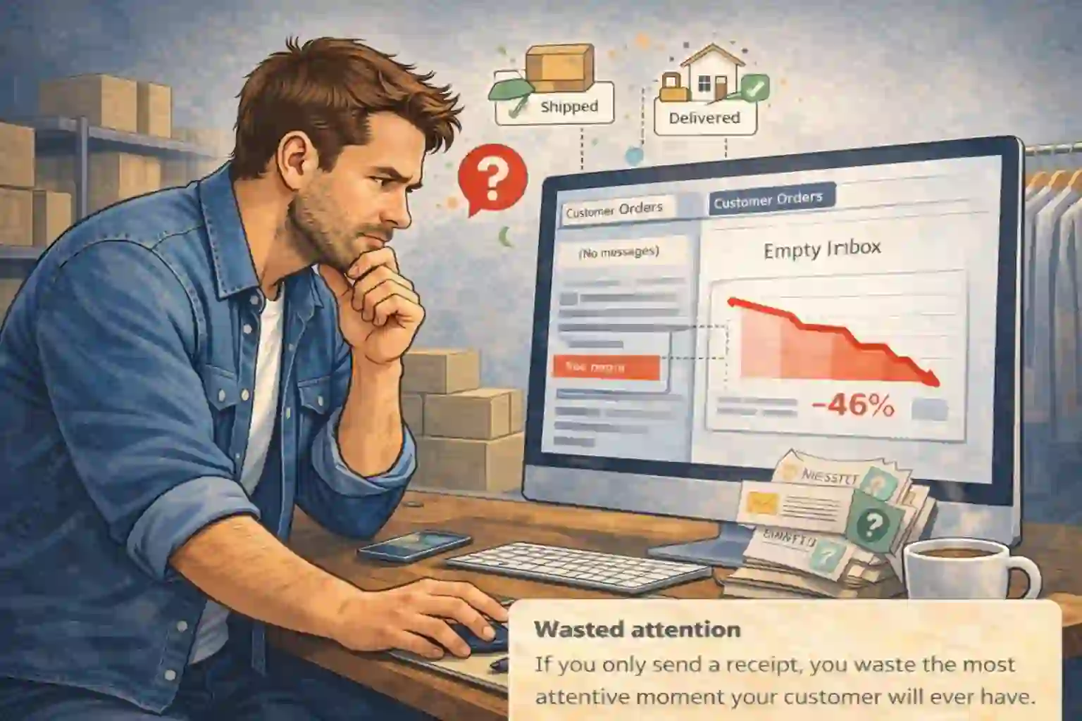 post-purchase flow storyboard in Omnisend showing confirmation, tips, review request, and cross-sell
