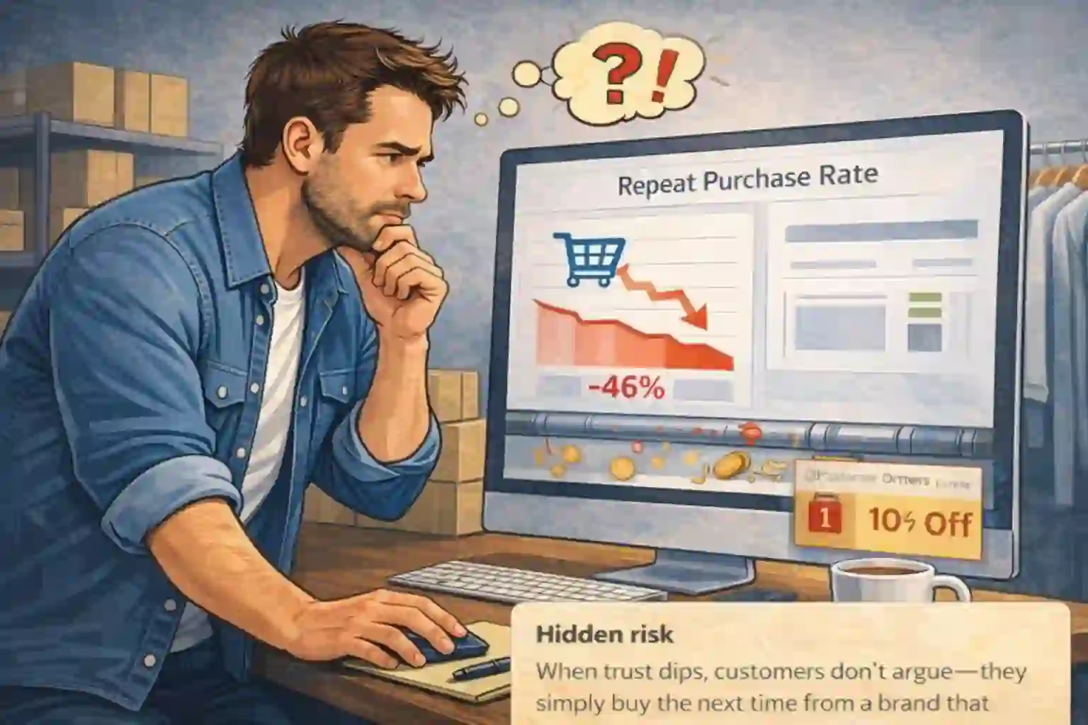 Store owner watching repeat purchase rate stay flat after checkout