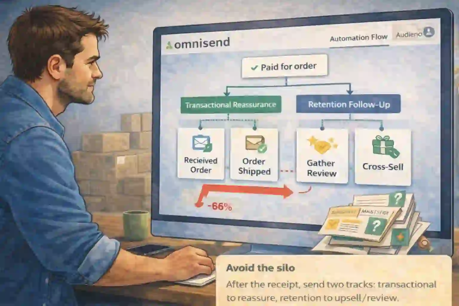 Omnisend automation trigger set to Paid for order with two tracks