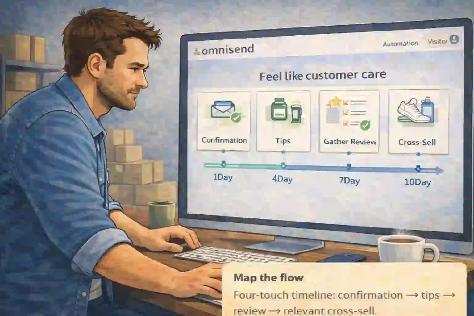 Four-message post purchase timeline: confirmation, tips, review, cross-sell