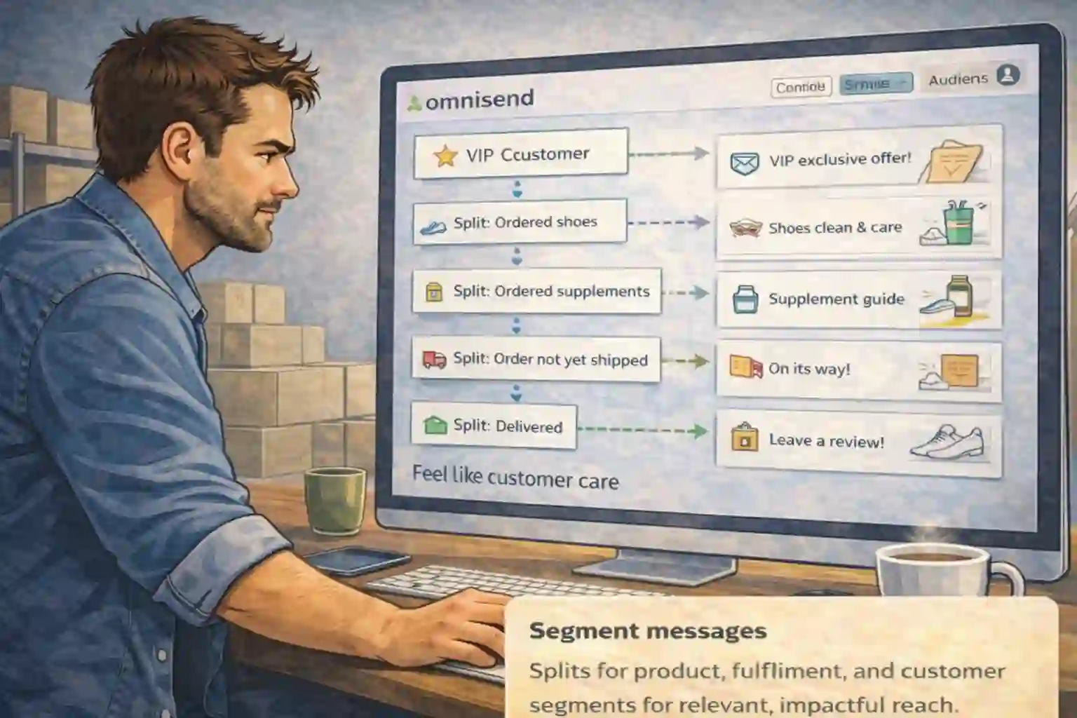 Conditional splits in Omnisend automation for product type and customer value