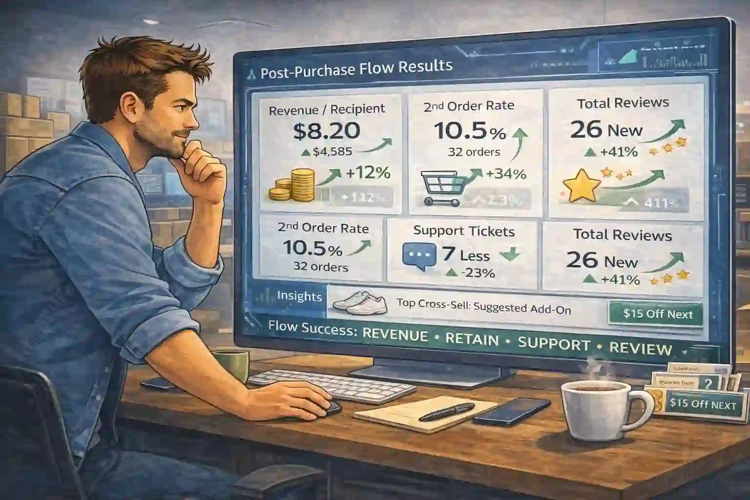 Simple KPI dashboard showing revenue per recipient and repeat purchase rate