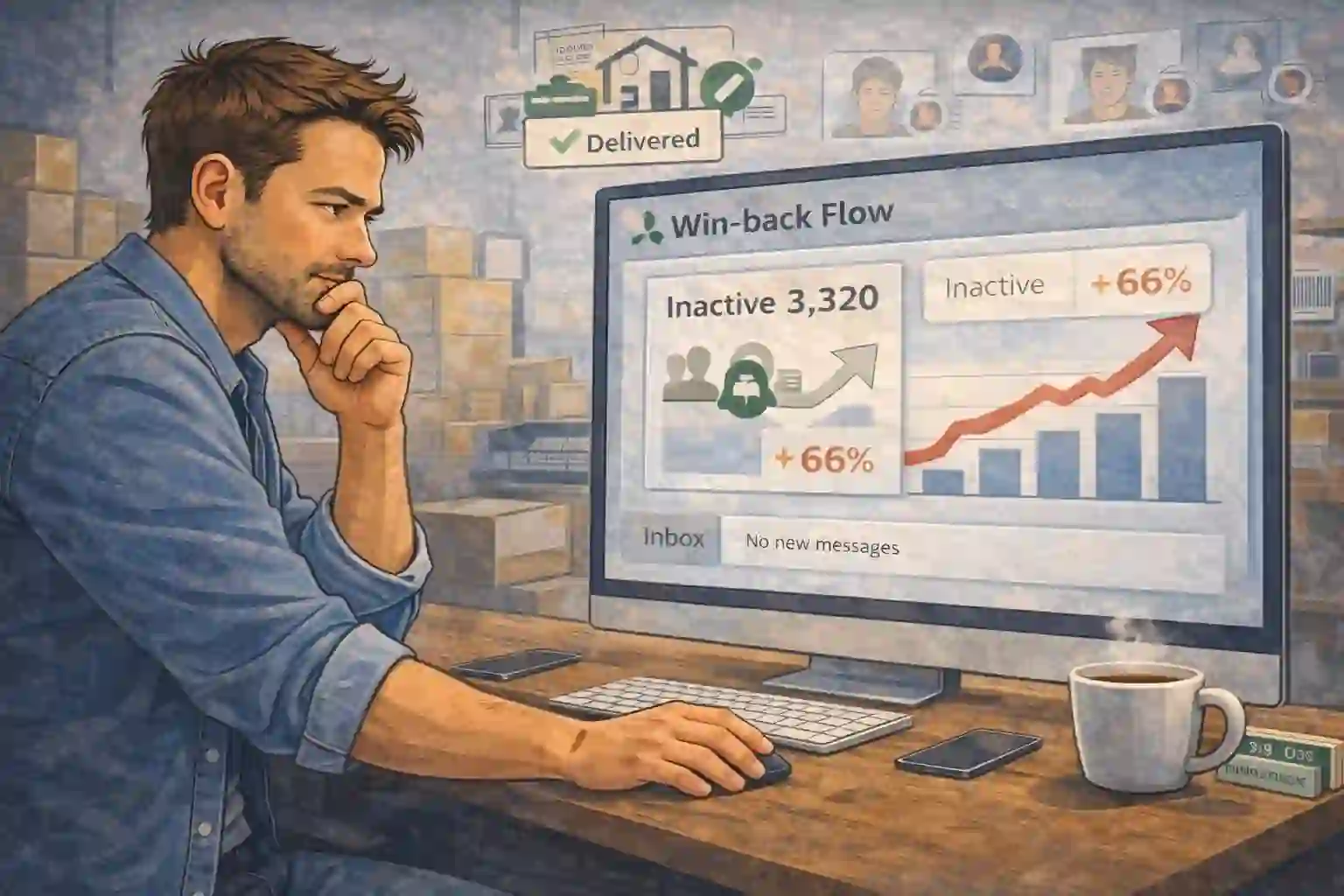 win-back flow hero showing inactive customer segment and silent inbox after delivery