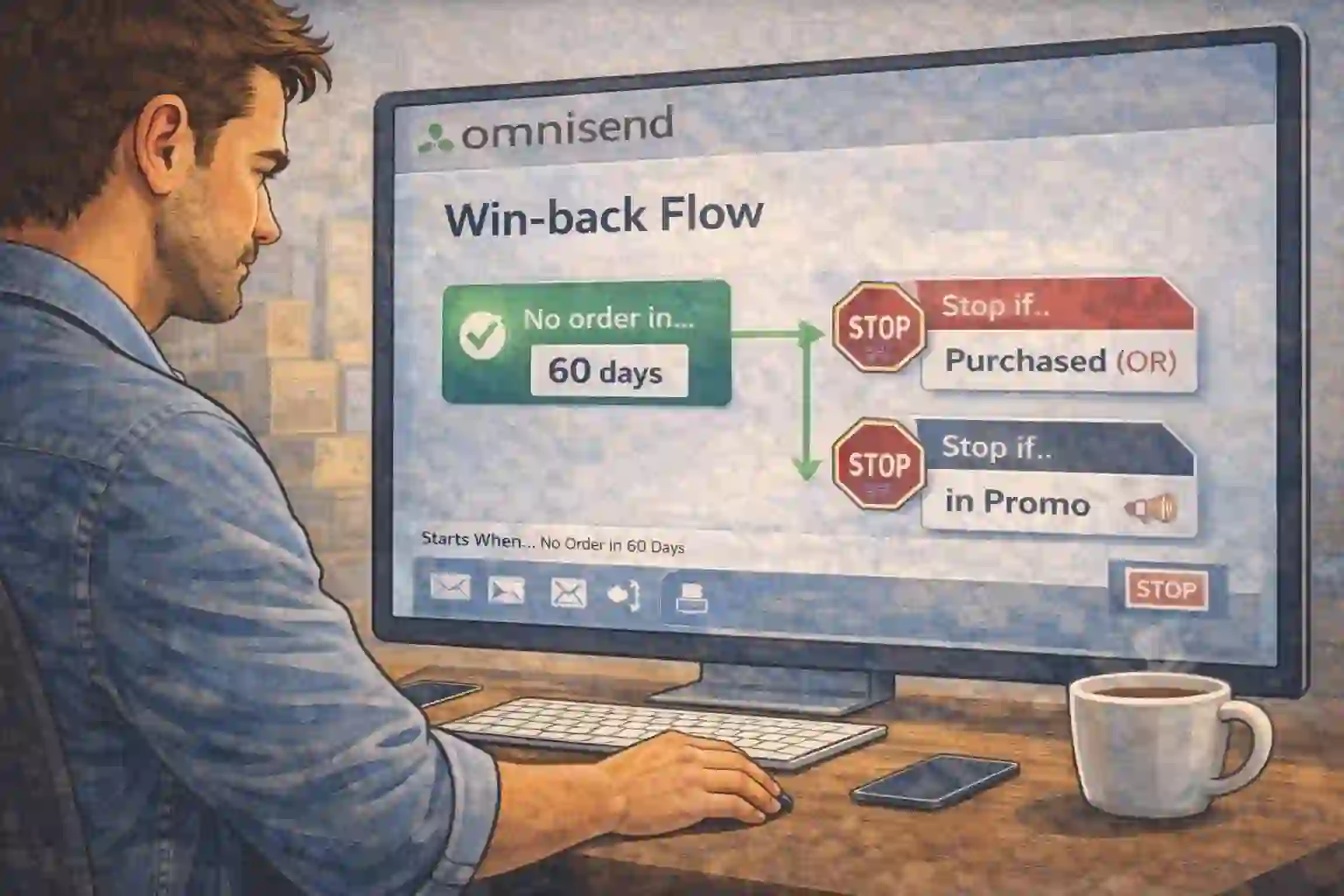 win-back flow trigger set to no order in 60 days with stop on purchase rule