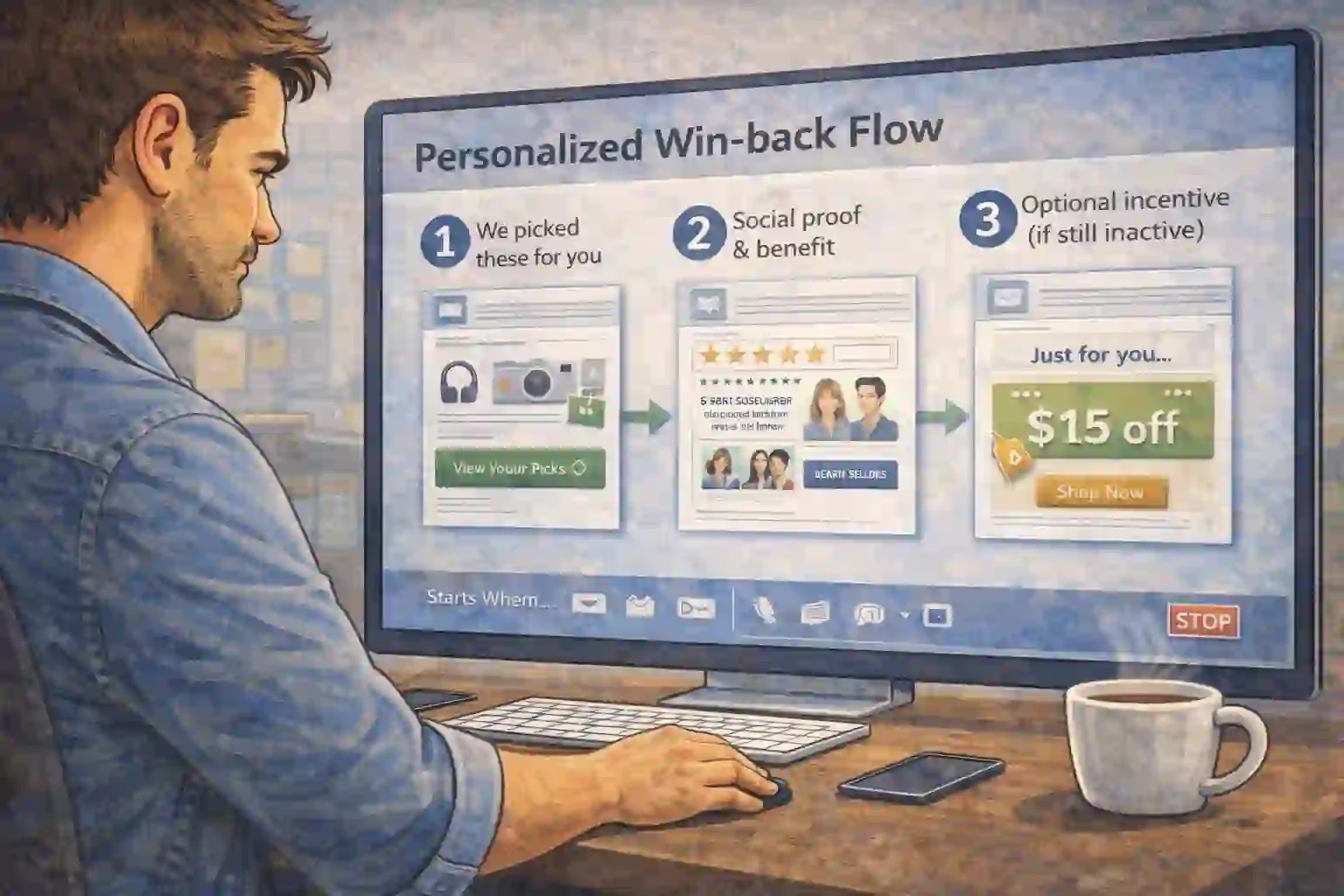 Three-email win-back flow map: personalized picks, proof, then optional incentive