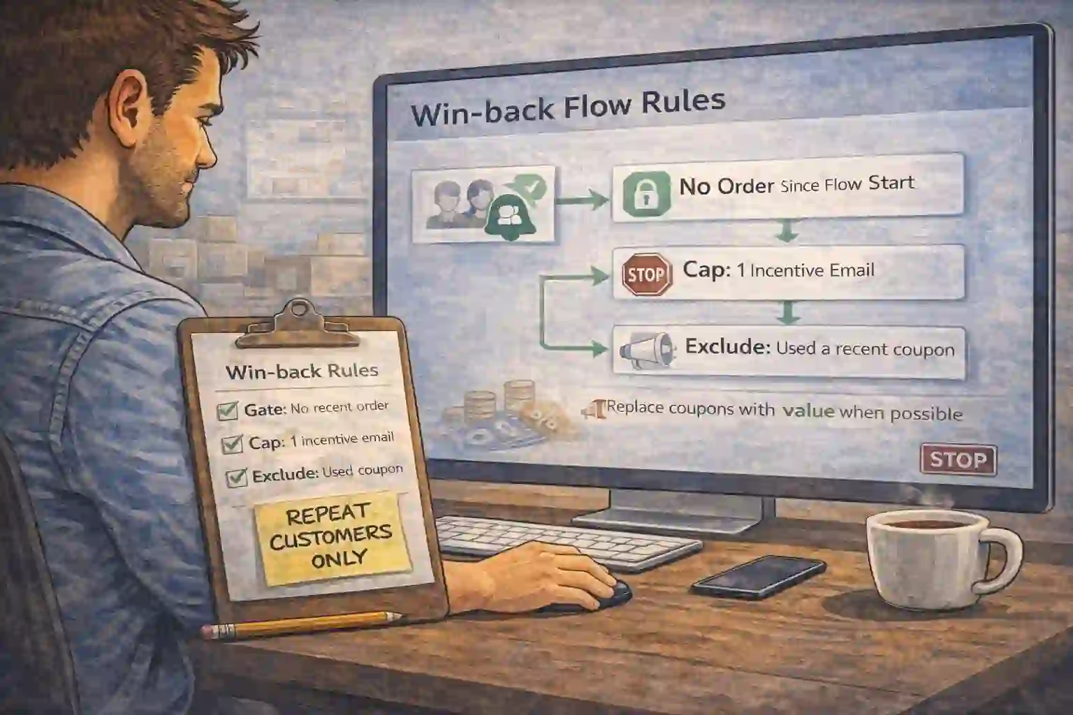 Gated incentive rule inside win-back flow shown only if no purchase happened